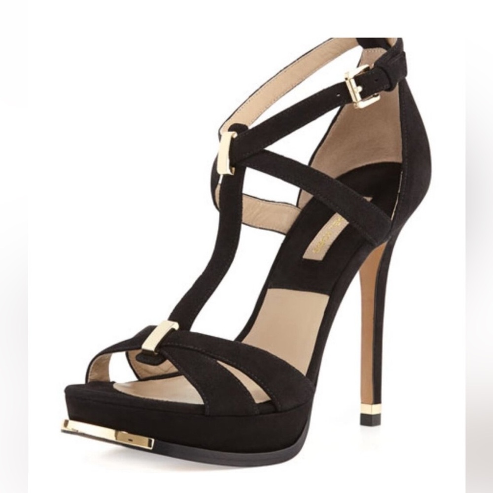 Michael Kors Collection Black & Gold Suede Sandals Heels NEW